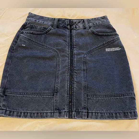 Off- White Acid Wash Black Dark Grey Denim Zipper front Mini Skirt